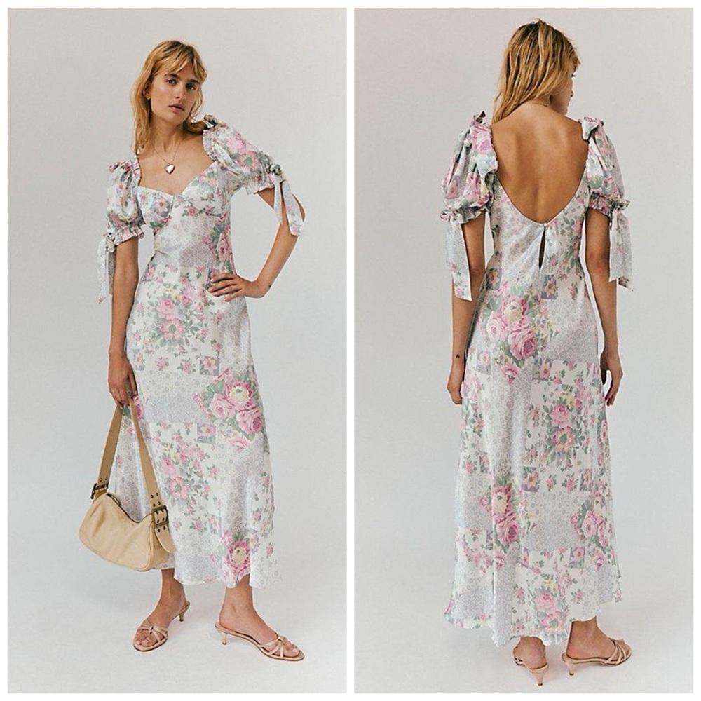 Selkie The Poet Printed Slip Dress Floral Pastel Picnic Basket Medium Silk